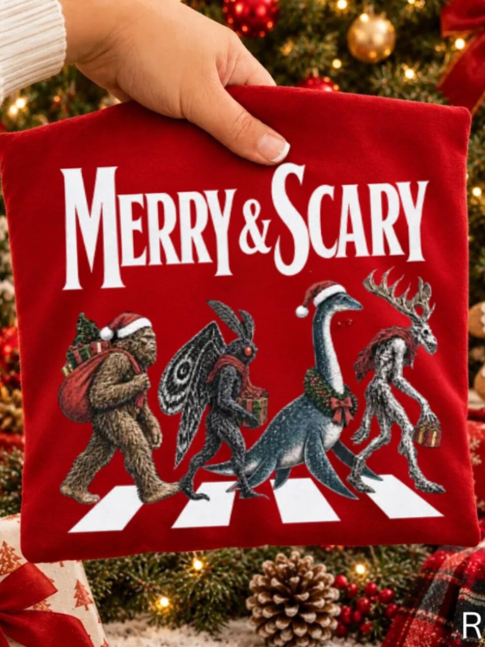 Merry And Scary Abbey Road Cryptids Bigfoot Mothman Nessie Christmas Vintage Red